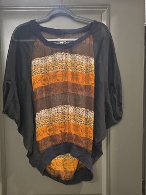 Olsenboye Black Sheer Tunic with Orange and Brown Striped Front